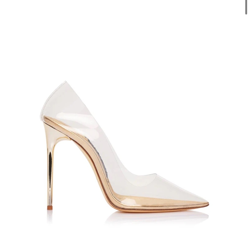 Clear Pointed Stiletto Pump with Gold Accents